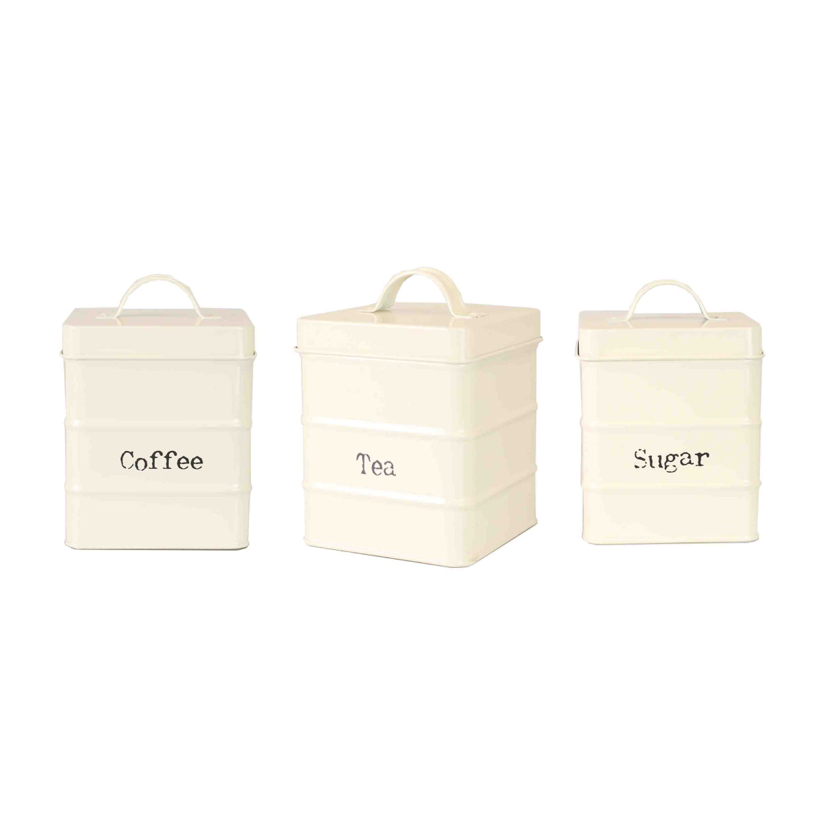 Recipiente de lata pequeño, color marfil, con leyenda ″coffe, sugar o tea″.
