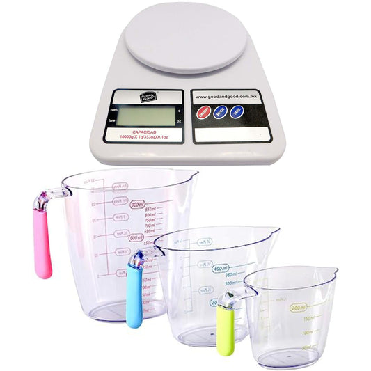 Bascula de cocina con set de tasas medidoras con mango de silicÃ³n