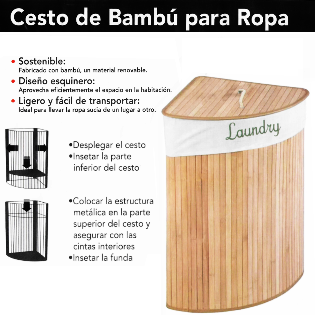 Cesto de bambú con interior de tela y tapa