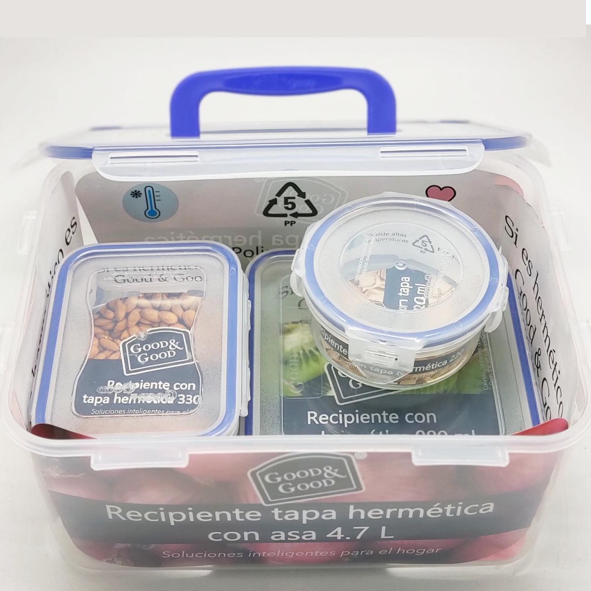 set de 5 contenedores herméticos  4.7 L 900 ml 330 ml 300 ml 220 ml