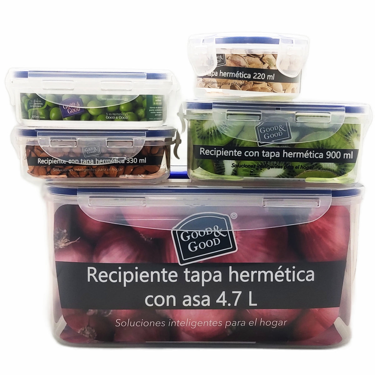set de 5 contenedores herméticos  4.7 L 900 ml 330 ml 300 ml 220 ml